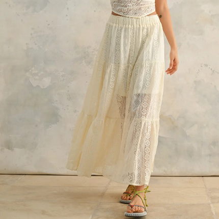 Beige Crochet Lace Tiered Skirt