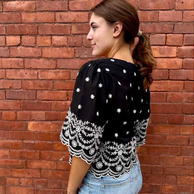 Black Floral White Embroidered Top