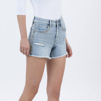 High Rise Studded Denim Shorts
