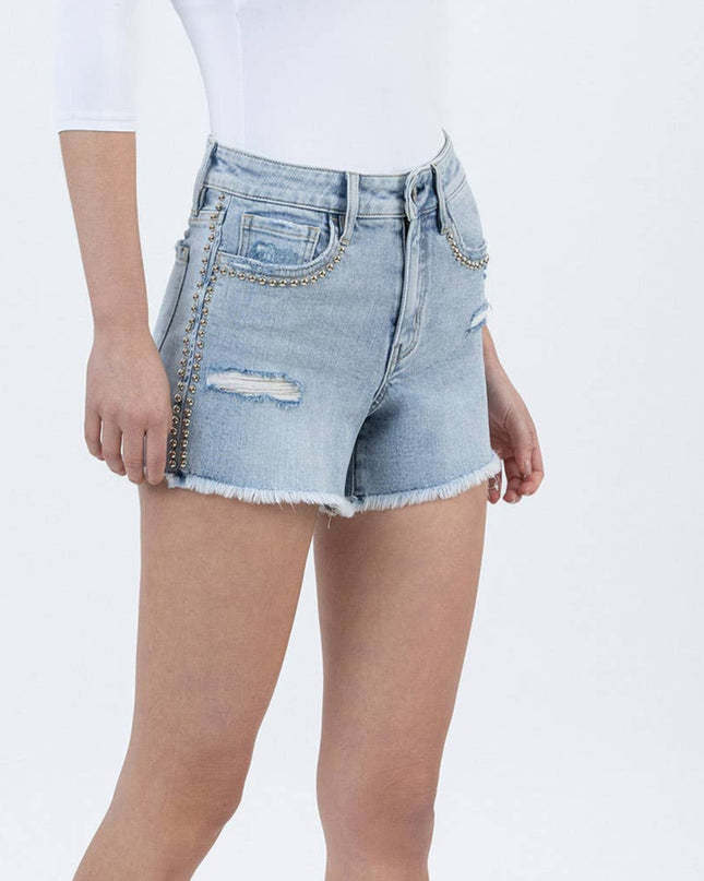 High Rise Studded Denim Shorts