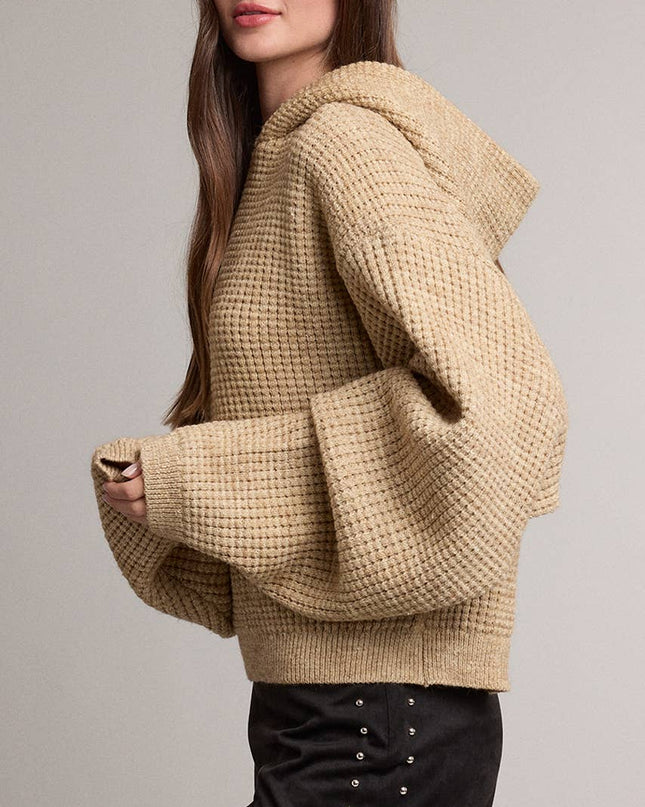 Beige Oversized Waffle Knit Hooded Sweater