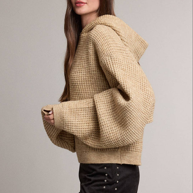 Beige Oversized Waffle Knit Hooded Sweater