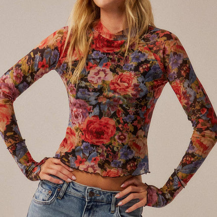 Black Floral-Print Mesh Top