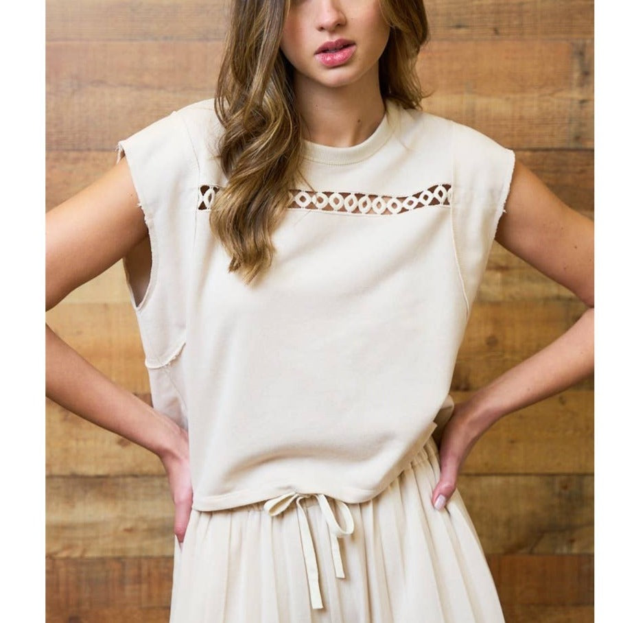 Beige Eyelet Knit Sleeveless Top