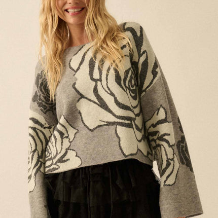 Grey/Black Rose Floral Jacquard Sweater - Shop Simply Apparel