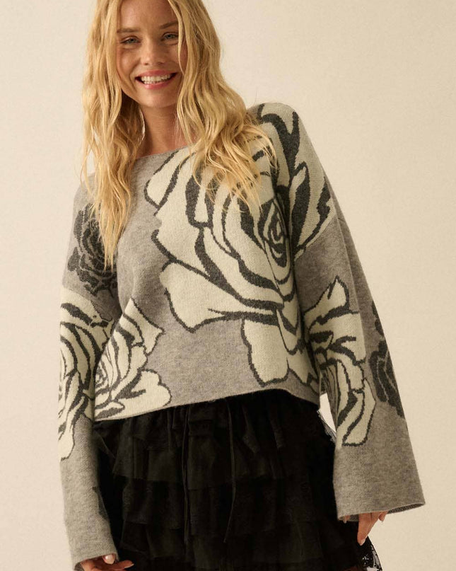 Grey/Black Rose Floral Jacquard Sweater - Shop Simply Apparel