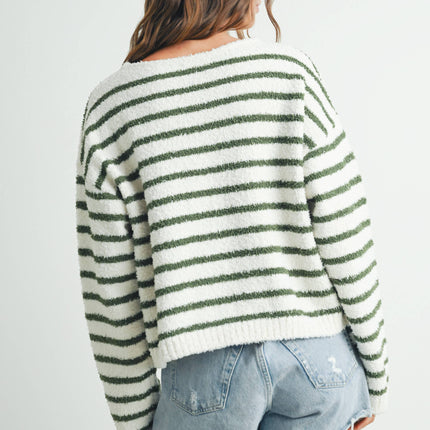 Ivory/Olive Striped Soft Knit Sweater - Shop Simply Apparel