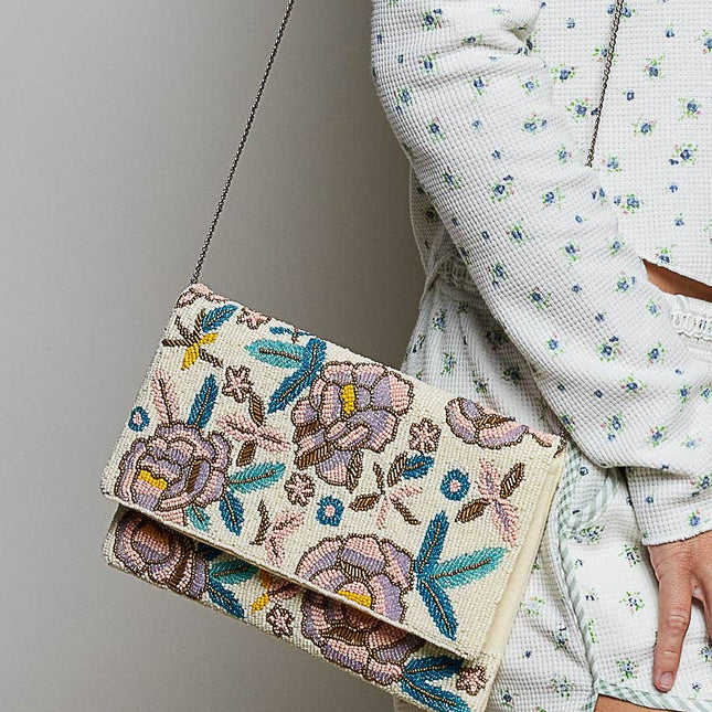 Floral Beaded Chain Strap Ivory Bag
