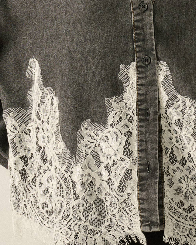 Black Chambray Lace Appliqué Shirt