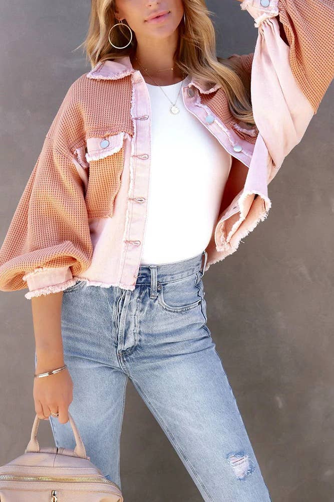 Pink Waffle Knit Button Up Crop Shacket