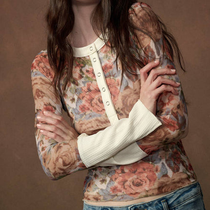 Cream Floral-Print Henley Top