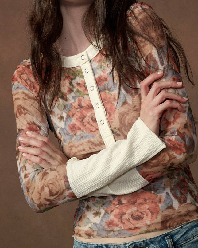 Cream Floral-Print Henley Top