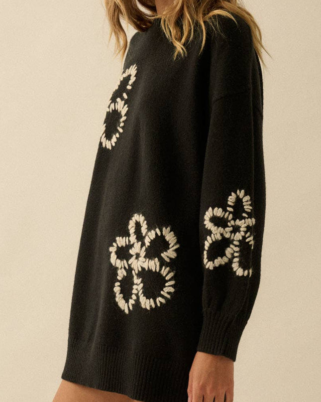 Black Floral Embroidered Mini Sweater Dress - Shop Simply Apparel
