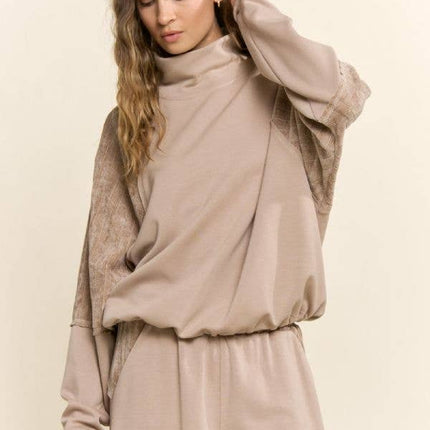Beige Mixed Media Mock Neck Top
