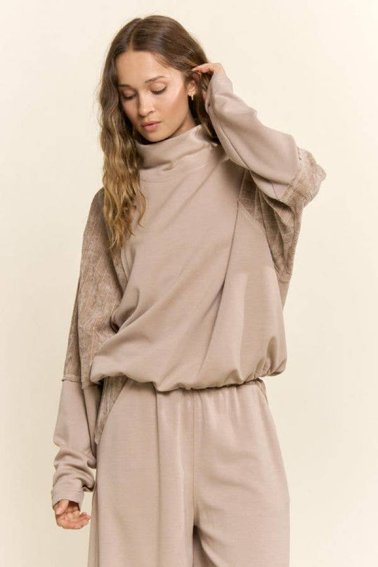 Beige Mixed Media Mock Neck Top