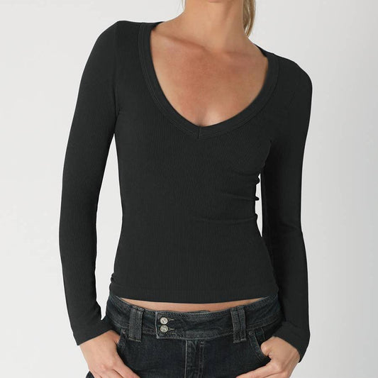 NIKIBIKI Black Deep V Neck Top