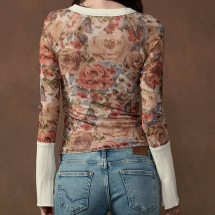Cream Floral-Print Henley Top