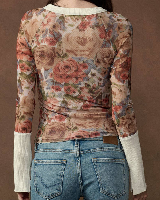 Cream Floral-Print Henley Top