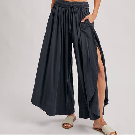 Ash Grey Side Slit Wide Leg Pants