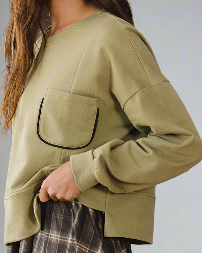 Olive Chest Pocket Semi Crop Sweatshirt - Shop Simply Apparel