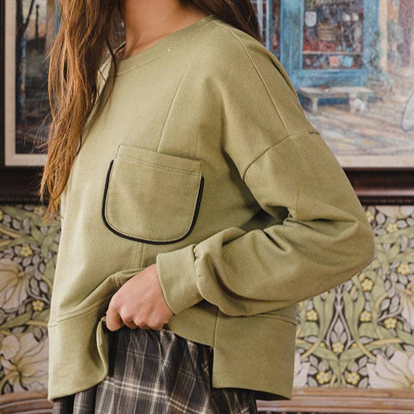 Olive Chest Pocket Semi Crop Sweatshirt