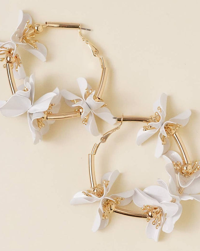 White Flower Hoop Earrings