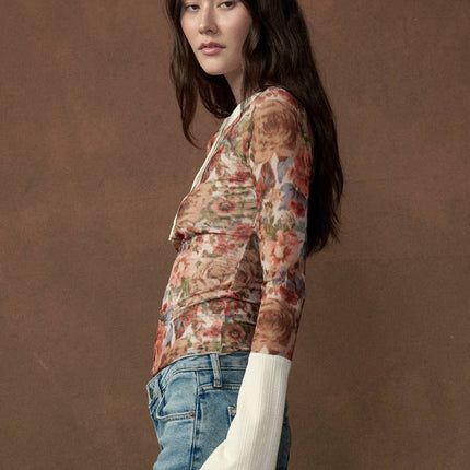 Cream Floral-Print Henley Top