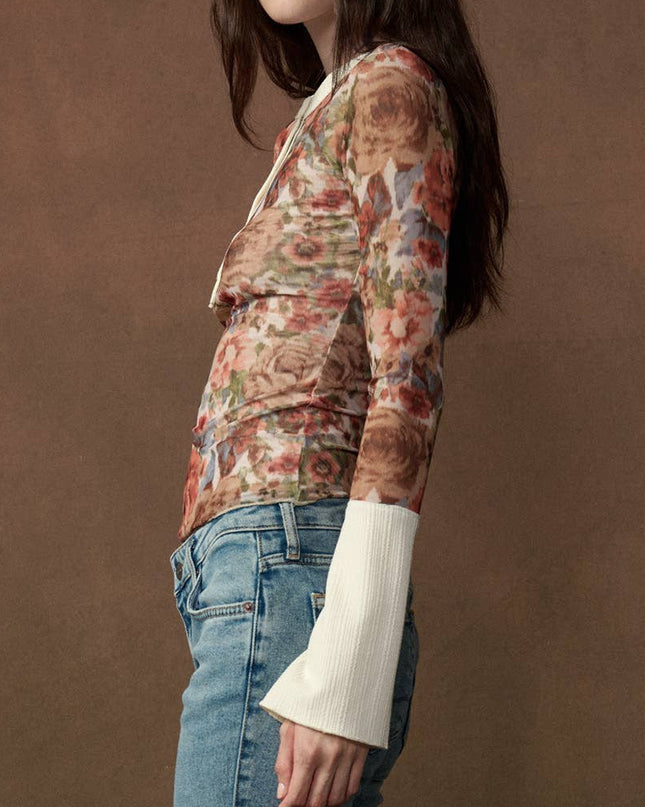Cream Floral-Print Henley Top