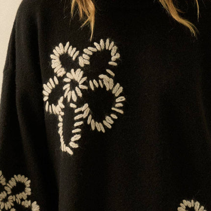 Black Floral Embroidered Mini Sweater Dress - Shop Simply Apparel