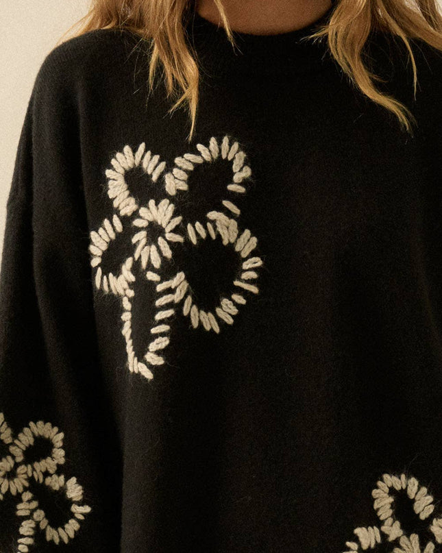 Black Floral Embroidered Mini Sweater Dress - Shop Simply Apparel