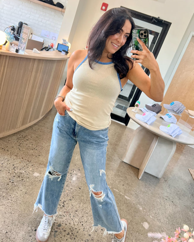 Knit Beige Tank Top with Contrast Blue Trim