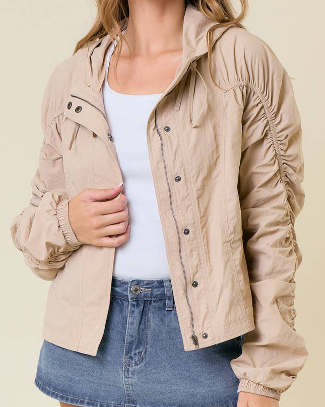 Beige Doe & Rae Cinched Sleeve Lightweight Hooded Jacket