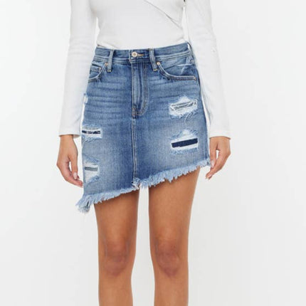 Distressed Denim A-line Mini Skirt