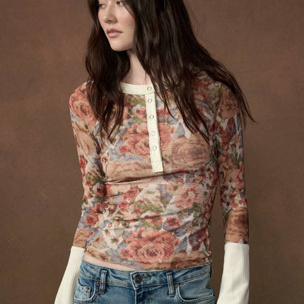 Cream Floral-Print Henley Top