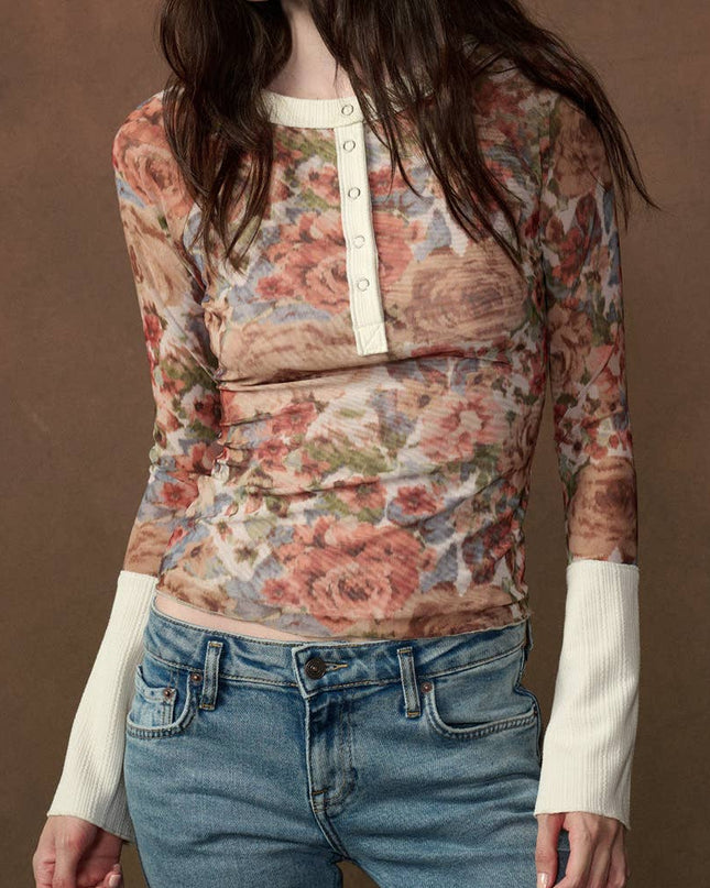 Cream Floral-Print Henley Top