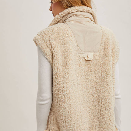 Beige Mock Neck Fleece Sherpa Vest - Shop Simply Apparel