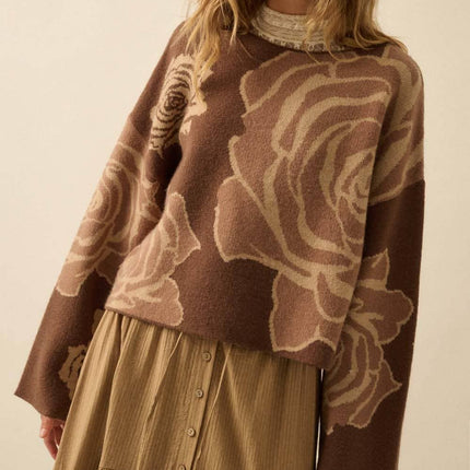 Chocolate Rose Floral Jacquard Sweater