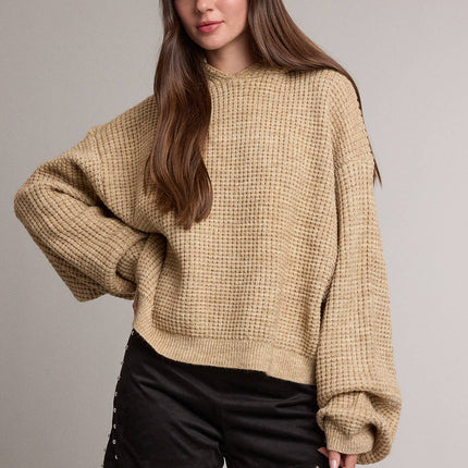 Beige Oversized Waffle Knit Hooded Sweater