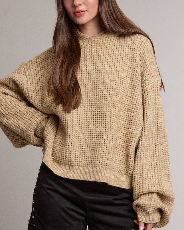 Beige Oversized Waffle Knit Hooded Sweater
