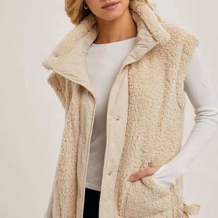 Beige Mock Neck Fleece Sherpa Vest - Shop Simply Apparel