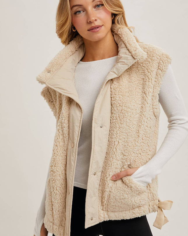 Beige Mock Neck Fleece Sherpa Vest - Shop Simply Apparel