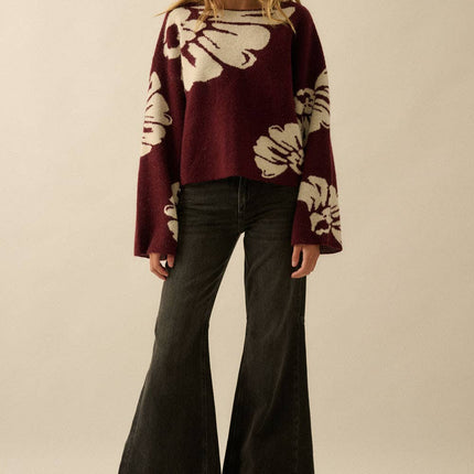 Burgundy Contrast Floral Sweater - Shop Simply Apparel