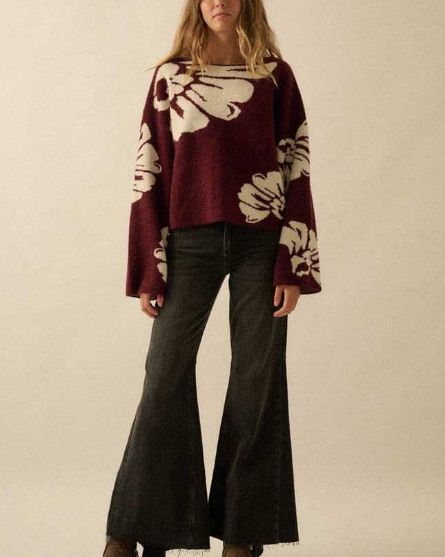 Burgundy Contrast Floral Sweater - Shop Simply Apparel