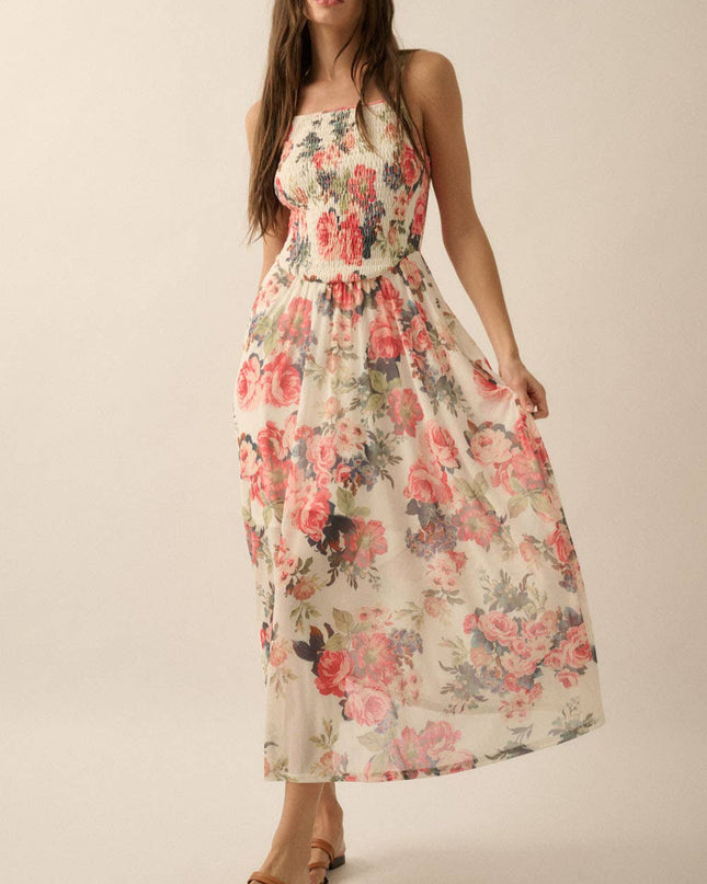 Floral Mesh Smocked-Bodice Cami Maxi Dress - Shop Simply Apparel