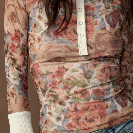 Cream Floral-Print Henley Top