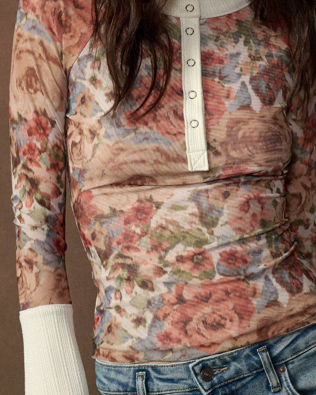Cream Floral-Print Henley Top