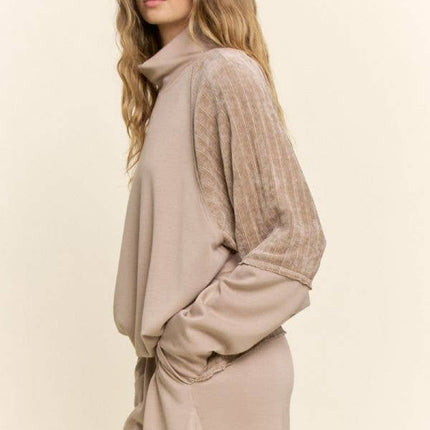 Beige Mixed Media Mock Neck Top
