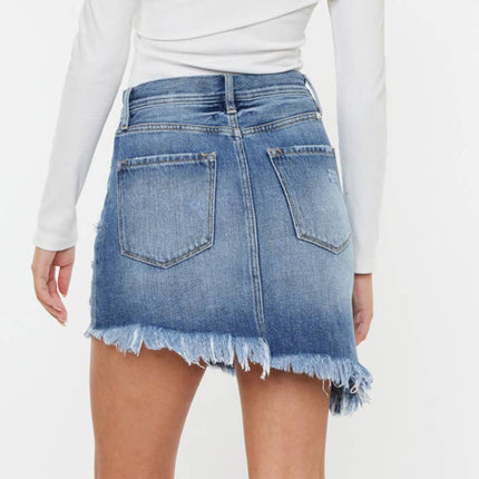 Distressed Denim A-line Mini Skirt