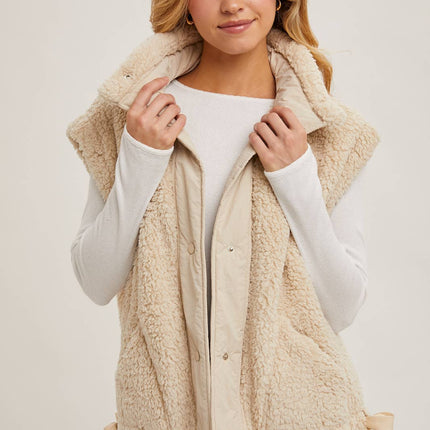Beige Mock Neck Fleece Sherpa Vest - Shop Simply Apparel