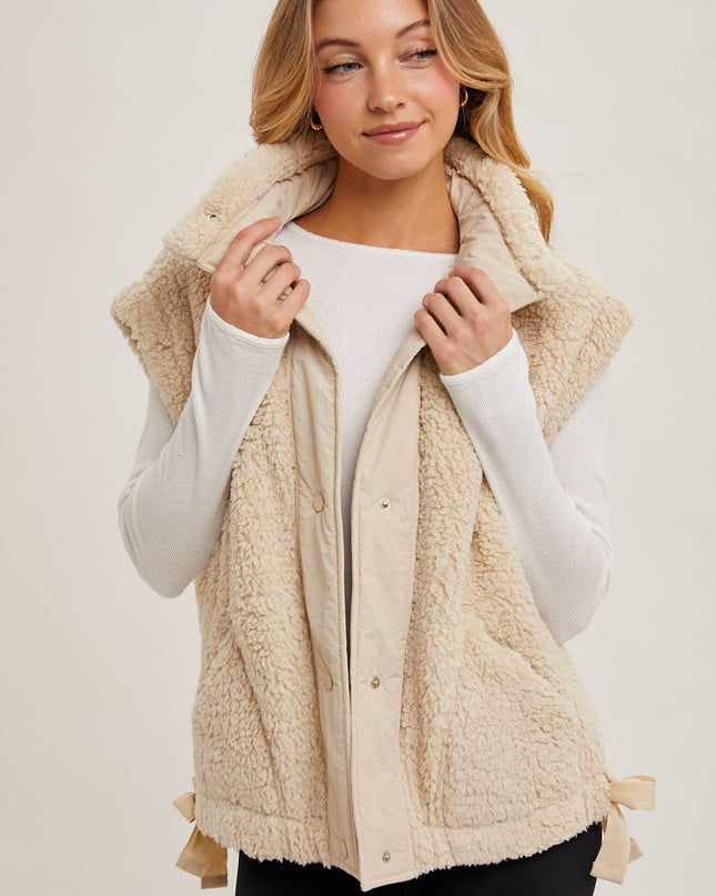 Beige Mock Neck Fleece Sherpa Vest - Shop Simply Apparel